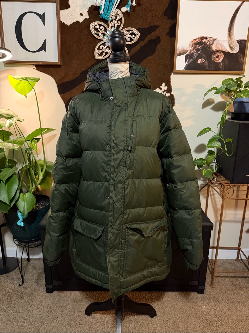 L.L. Bean Dark Olive Green Quilted Puffer Down Jacket